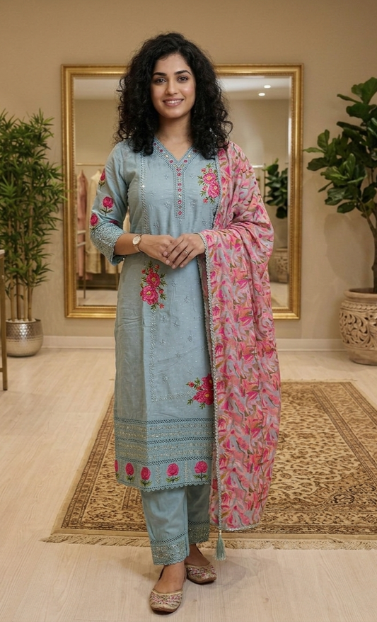 Cotton embroidered three piece set (Ready to wear)