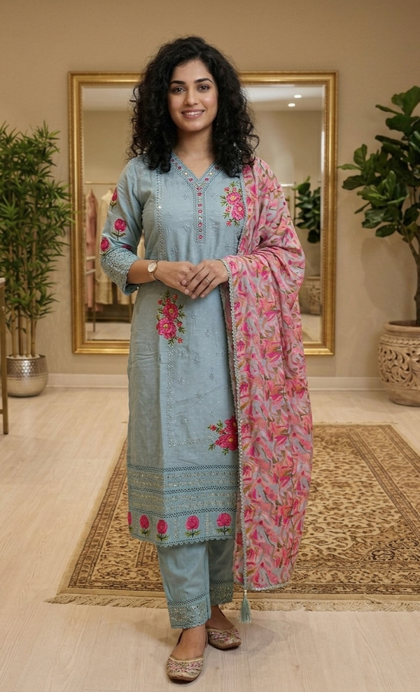 Cotton embroidered three piece set (Ready to wear)