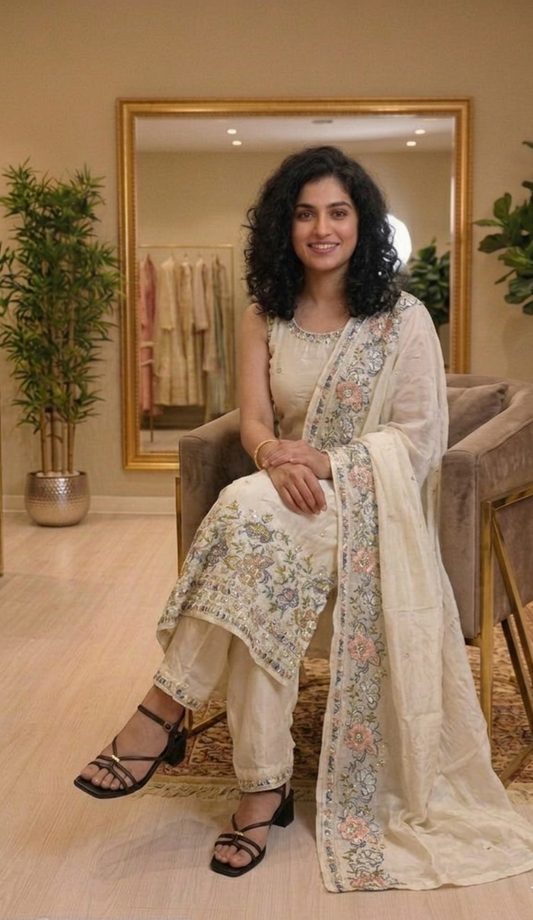 Crepe silk heavy hand worked three piece suit