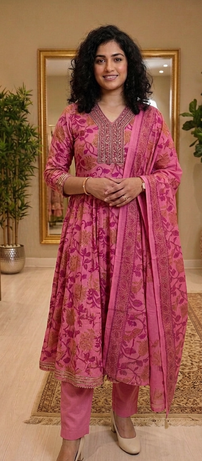 Cotton panelcut  anarkali three piece suit 💕