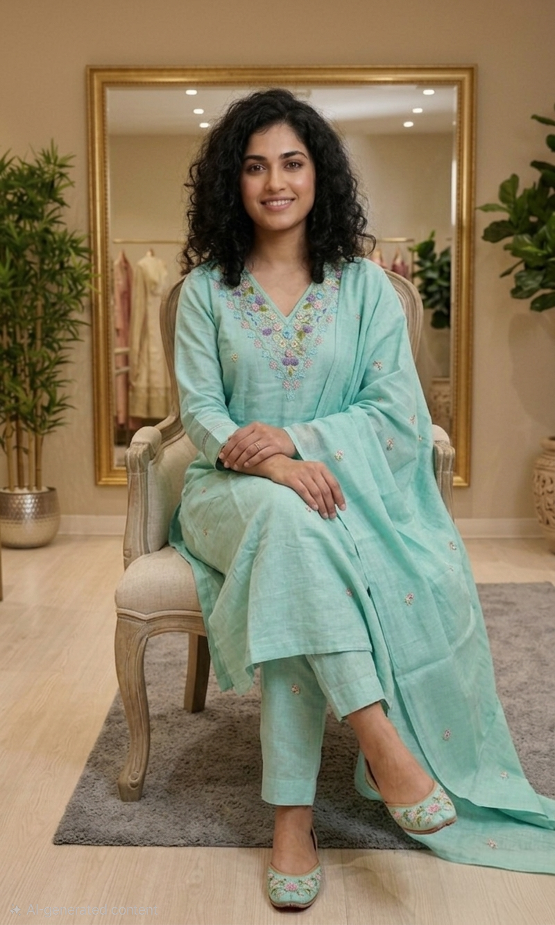 Cotton hand embroidered three piece suit