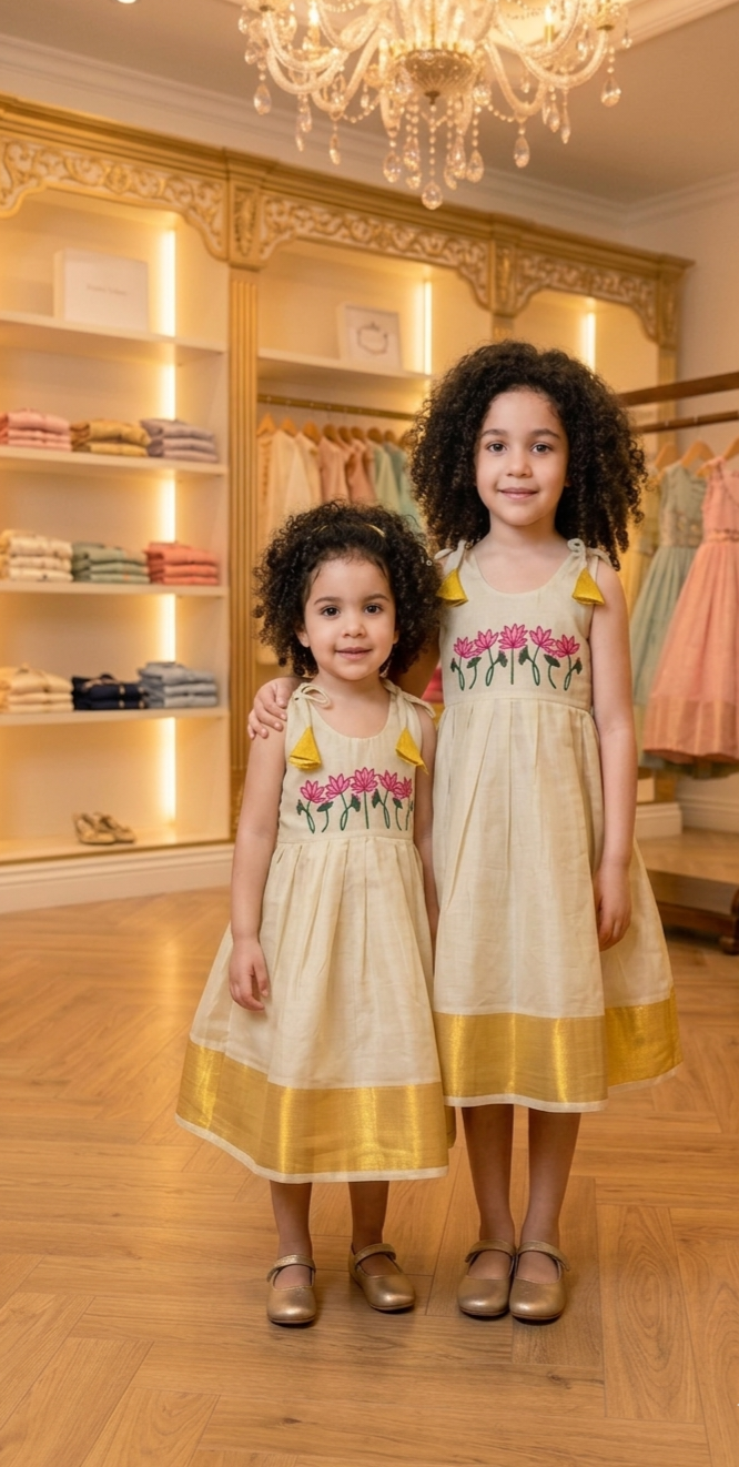 Beautiful  embroidered kids Lotus Onam Dresses