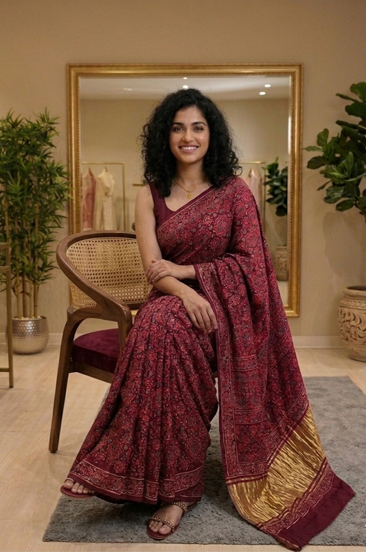Pure modal silk hand blocked ajrak saree