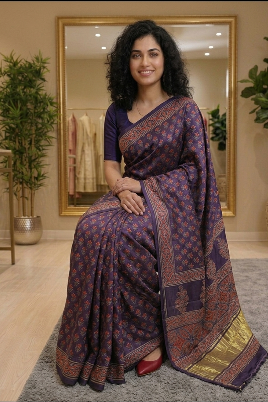 Pure modal silk hand blocked ajrak saree