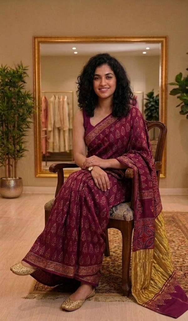 Pure modal ajrak hand block saree