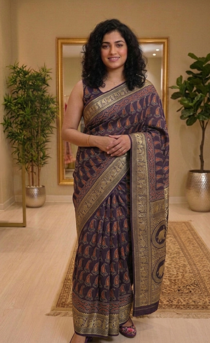 ajrak hand block saree