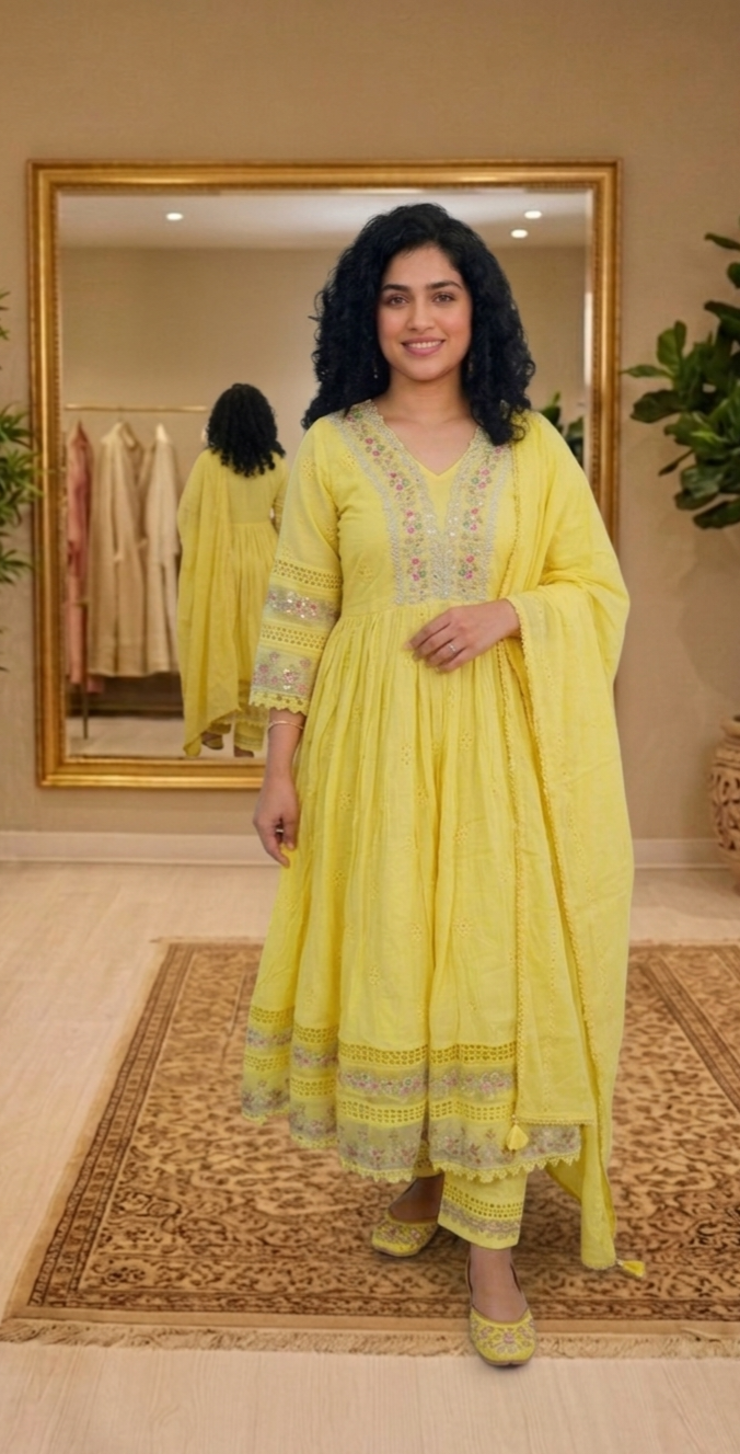 Soft cotton, Flared three piece anarkali suit