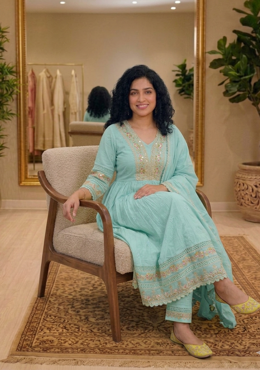 Soft cotton, Flared three piece anarkali suit