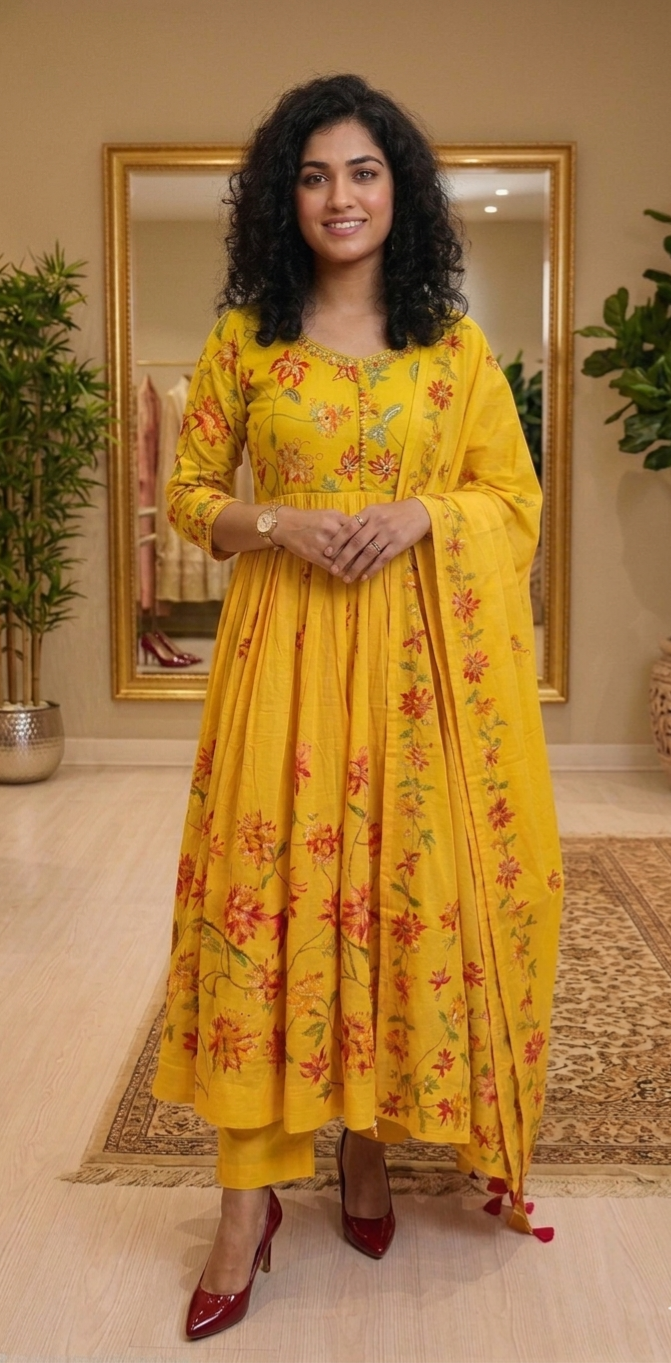 Soft cotton flared anarkali three piece suit 💕