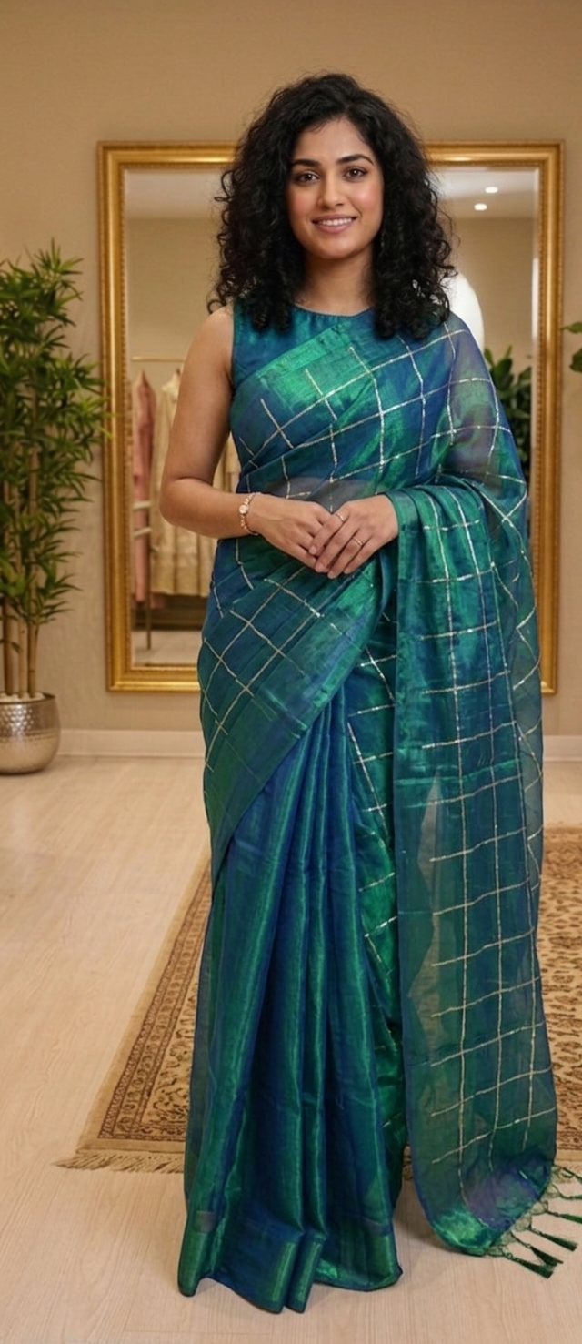 Soft tissue silk , sequenced double shaded saree 💕