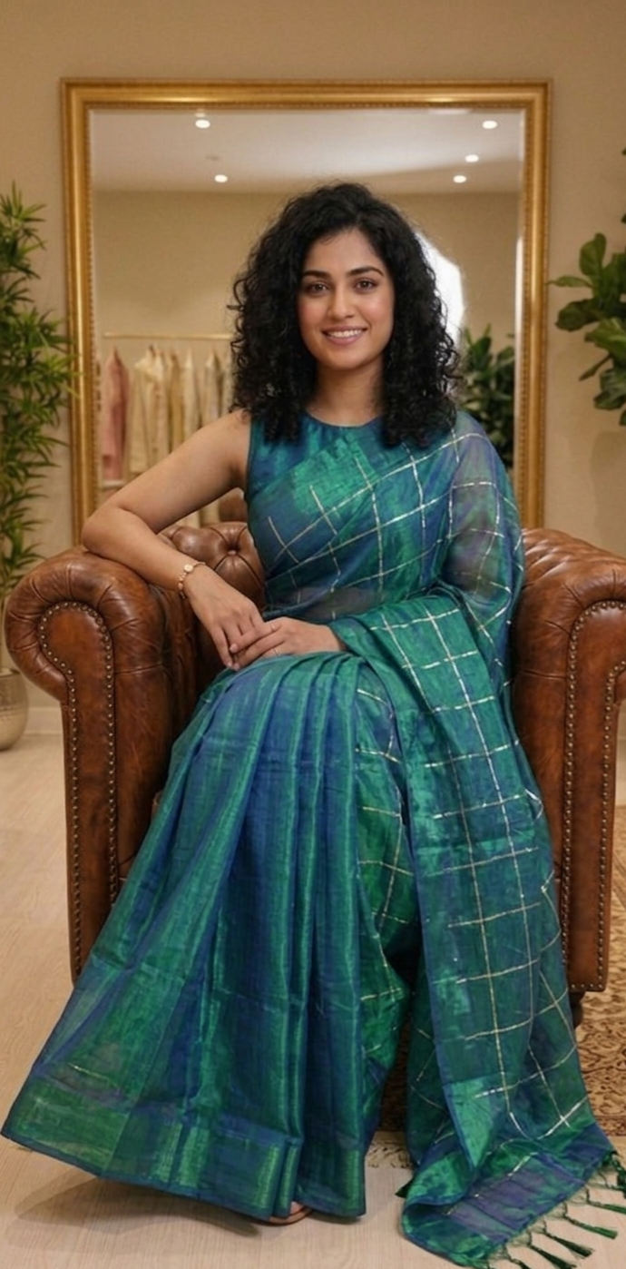 Soft tissue silk , sequenced double shaded saree 💕