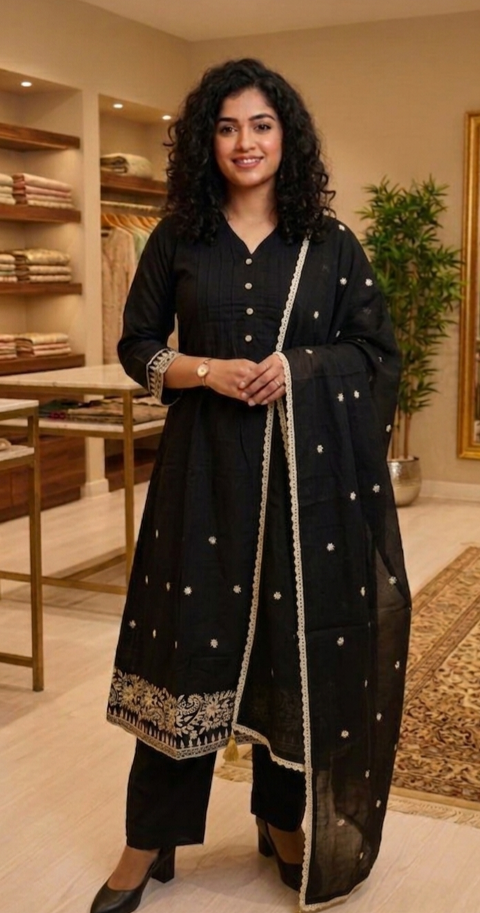 Pure Cotton embroidered Aline three piece suit