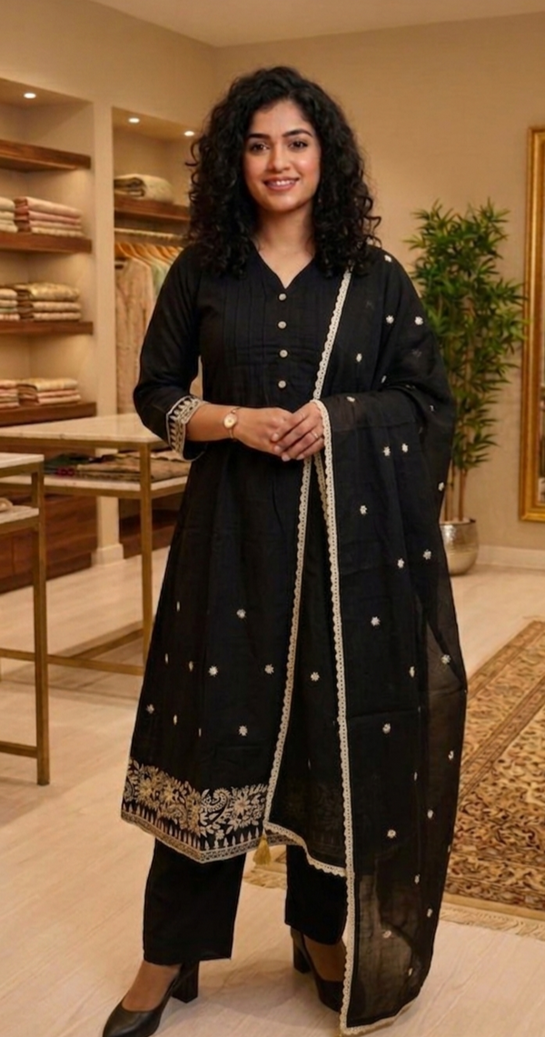 Pure Cotton embroidered Aline three piece suit