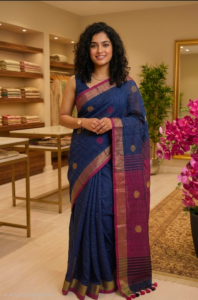 Beautiful khadi cotton saree with blouse piece 💕 (dark navy blue )