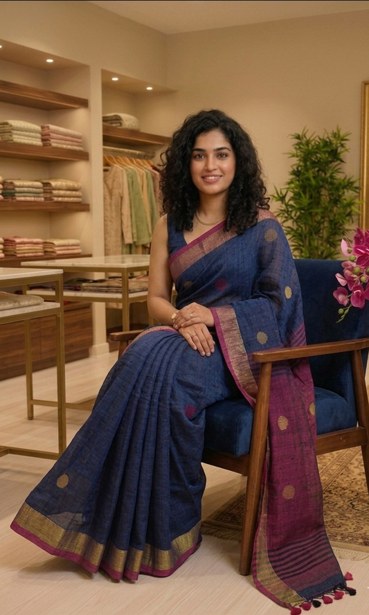 Beautiful khadi cotton saree with blouse piece 💕 (dark navy blue )
