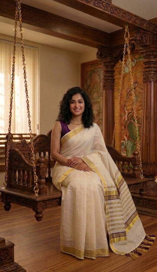 Beautiful premium set saree for Onam ( purple)