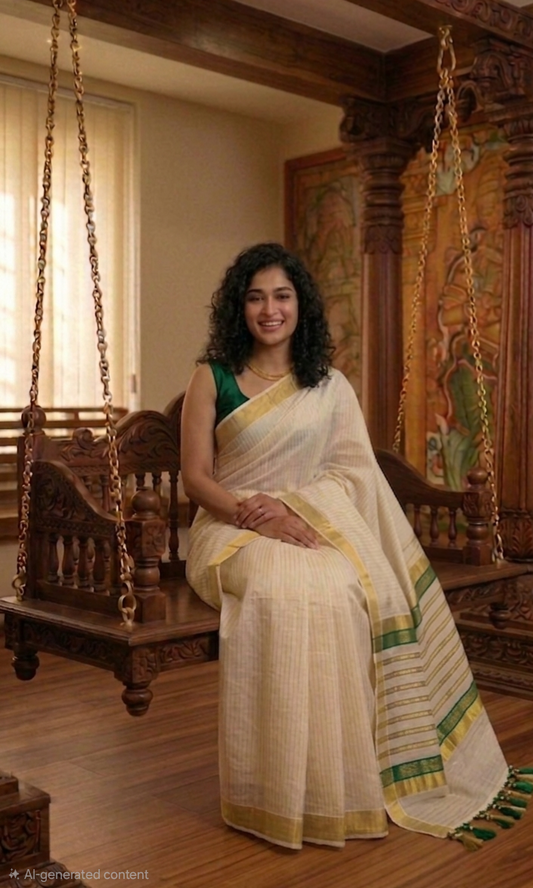 Beautiful premium set saree for Onam ( green)