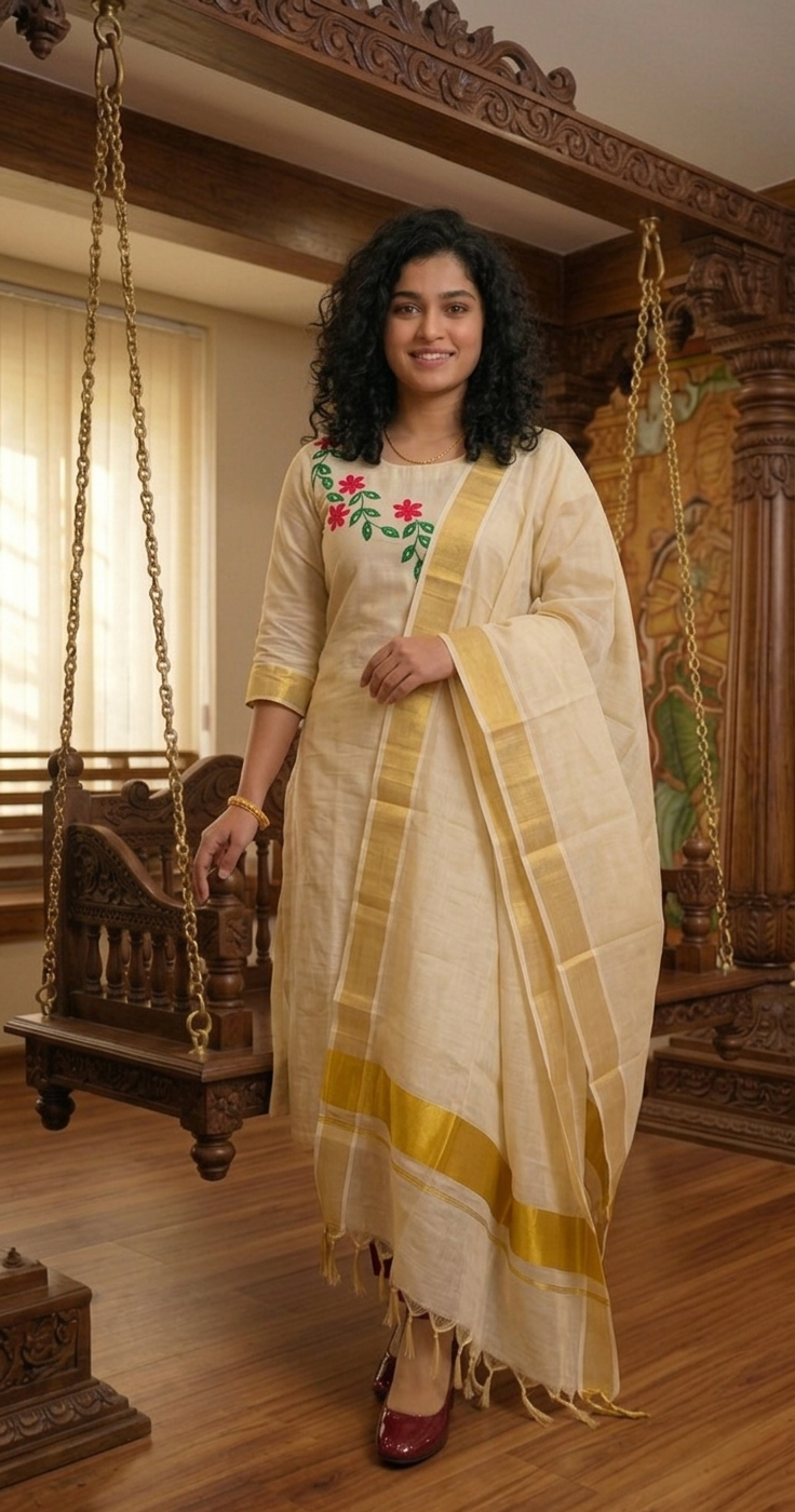 Beautiful embroidered Tissue Onam three piece suit