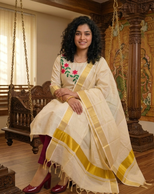 Beautiful embroidered Tissue Onam three piece suit