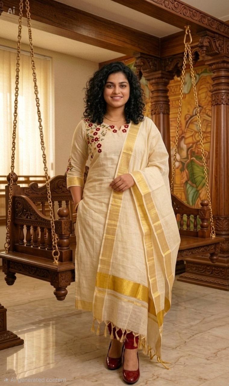 Beautiful embroidered Onam tissue three piece suit