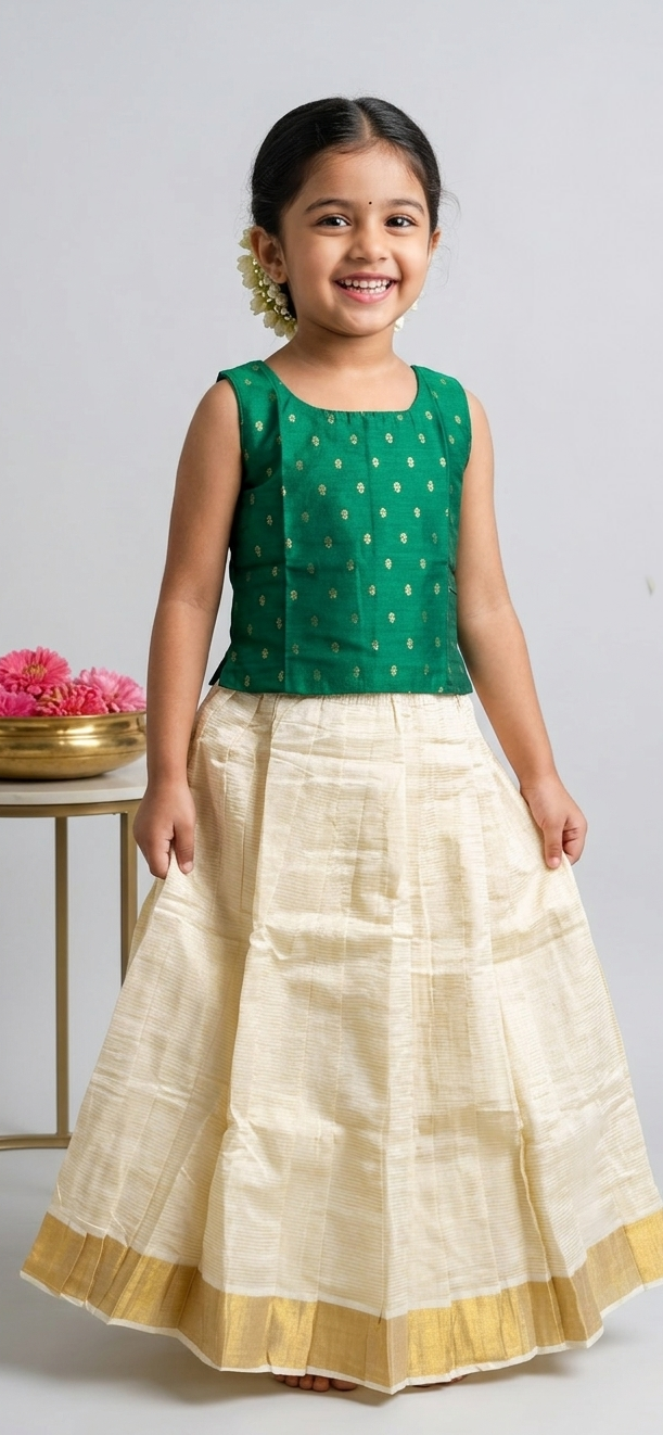 Girls Onam Green blouse and skirt