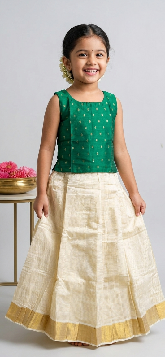 Girls Onam Green blouse and skirt