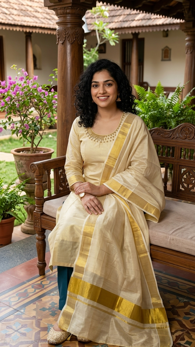 Onam ready to wear hand worked  three piece kurti set ( blue)
