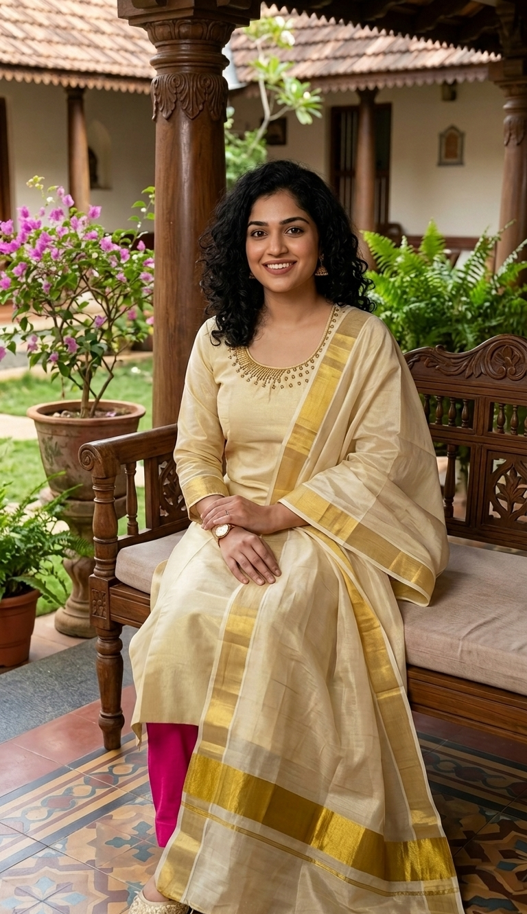 Onam ready to wear hand worked  three piece kurti set ( Rani pink)