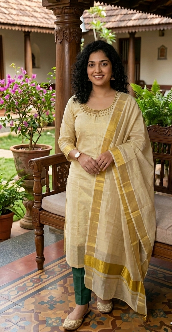 Onam ready to wear hand worked  three piece kurti set (bottle green)