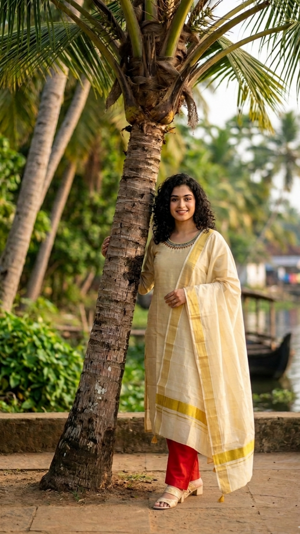 Beautiful Onam tissue  three piece Salwar suit