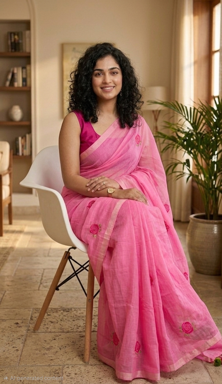 Embroidered Rose mulcotton saree