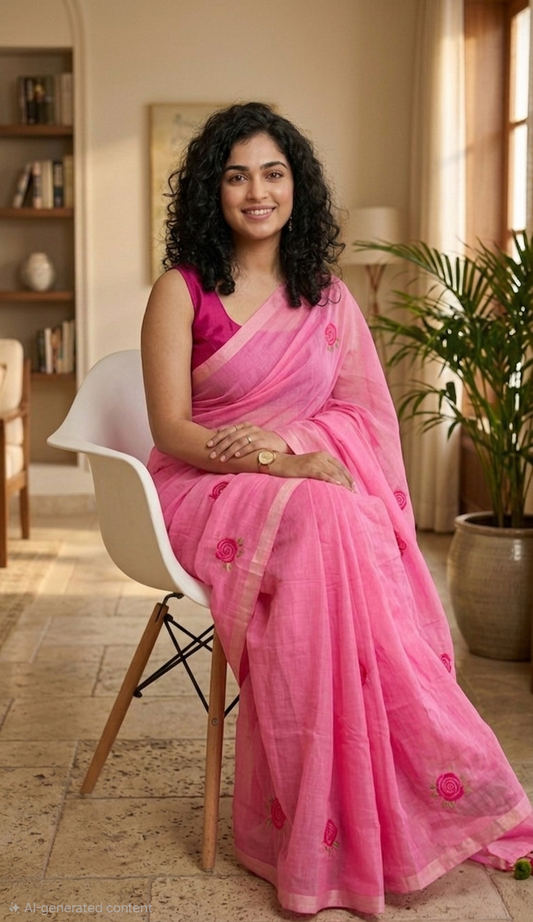 Embroidered Rose mulcotton saree