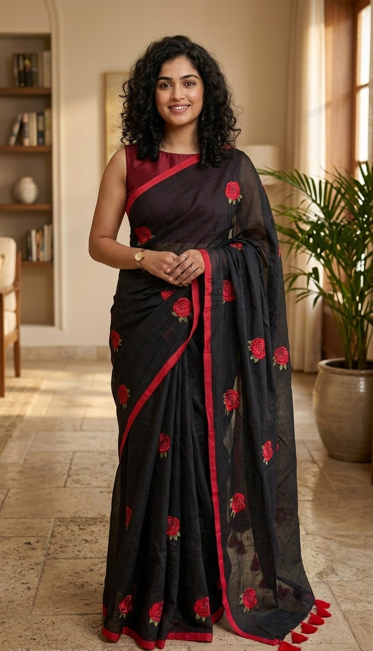 Embroidered Rose mulcotton saree