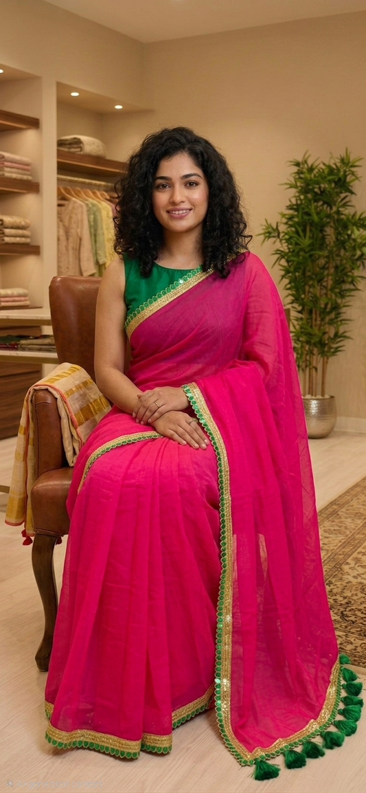Beautiful mulcotton saree with lace border
