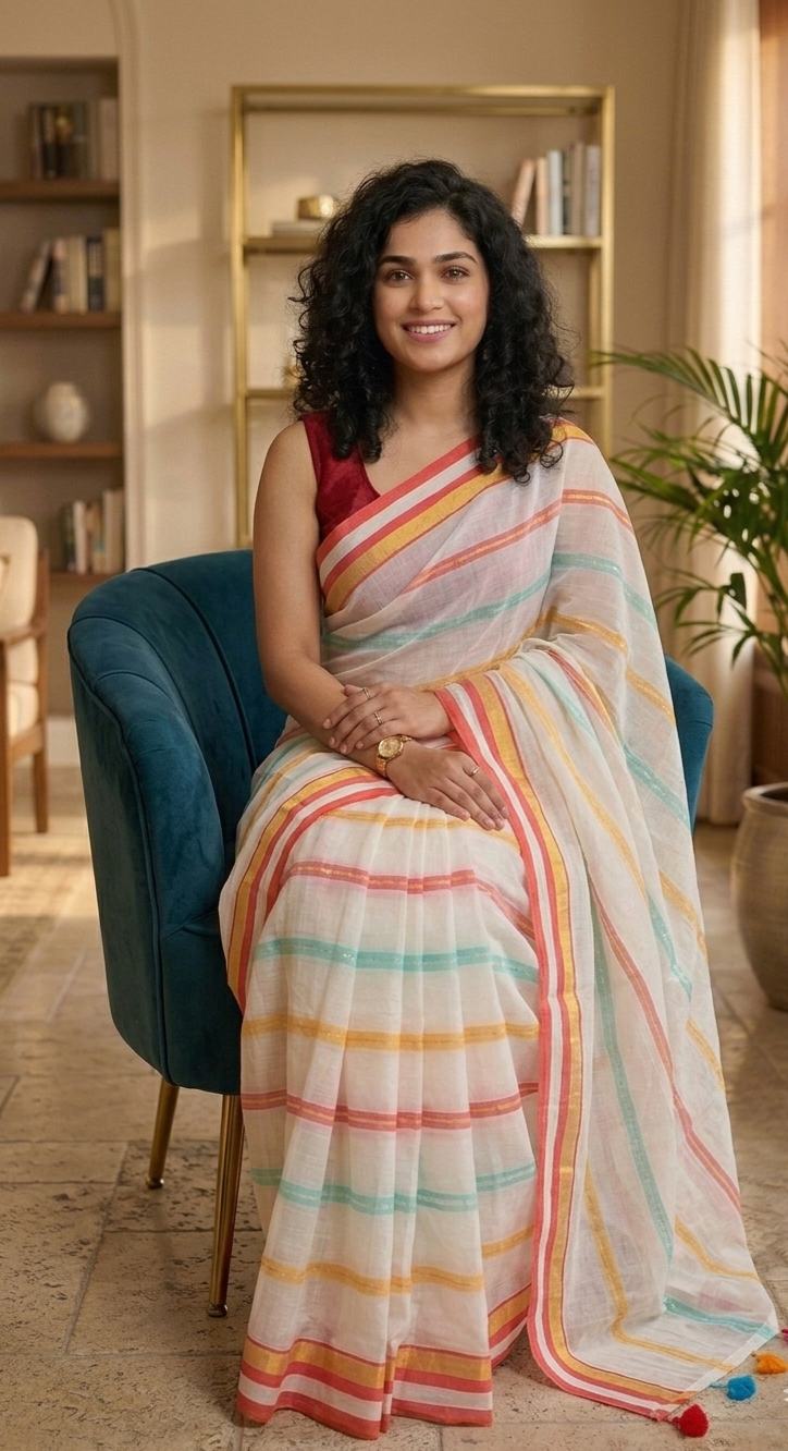 Beautiful multicoloured mulcotton saree