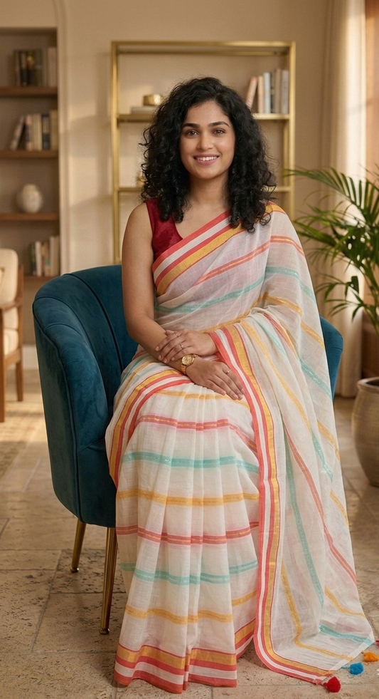 Beautiful multicoloured mulcotton saree