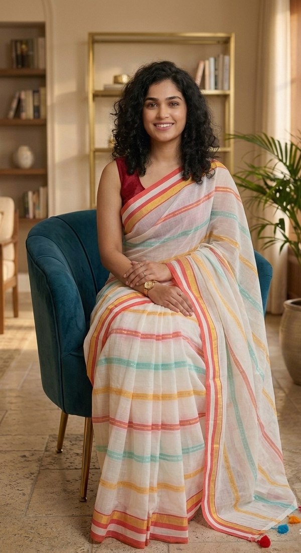 Beautiful multicoloured mulcotton saree