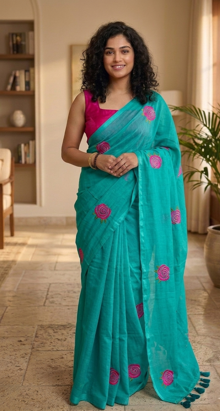 Embroidered Rose mulcotton saree