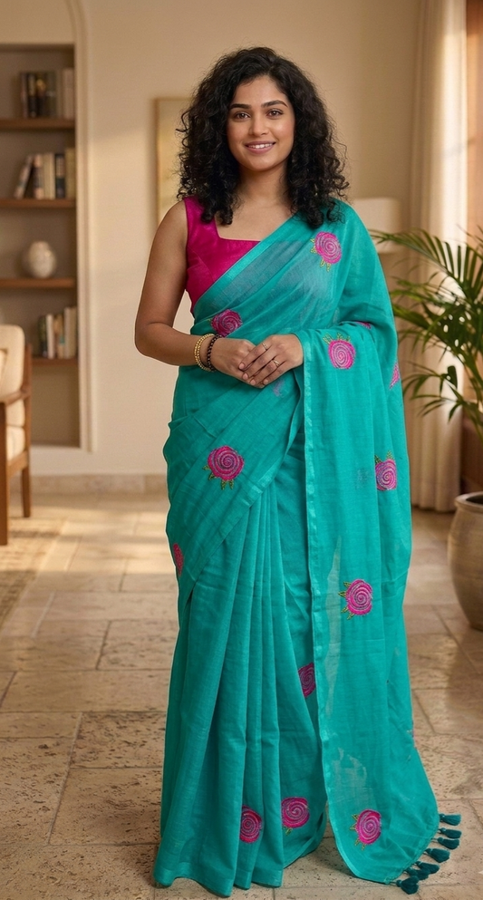 Embroidered Rose mulcotton saree