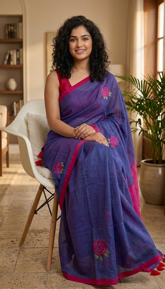 Embroidered Rose mulcotton saree