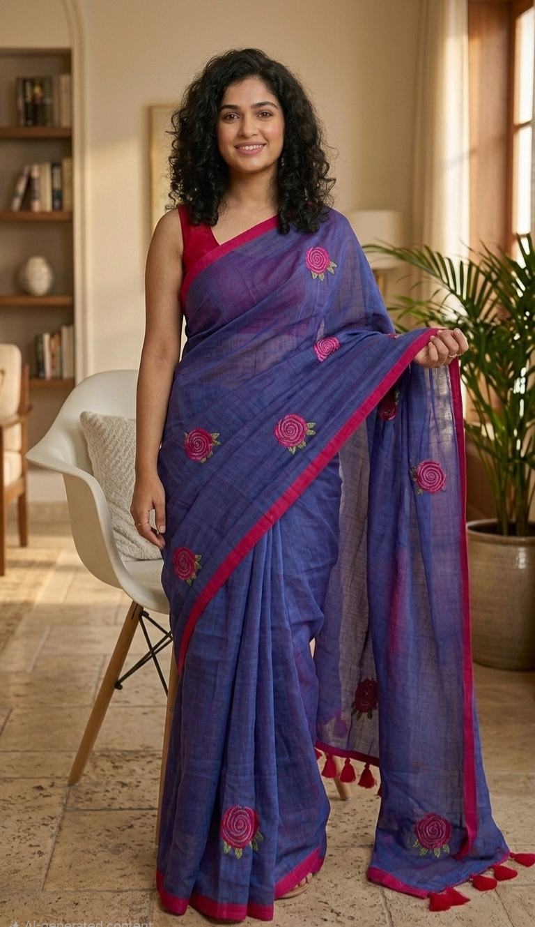 Embroidered Rose mulcotton saree