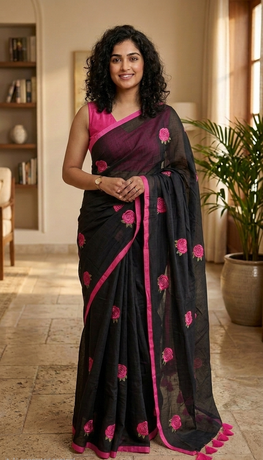 Embroidered Rose mulcotton saree