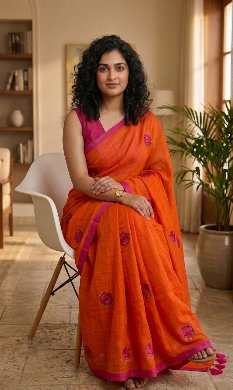 Embroidered Rose mulcotton saree