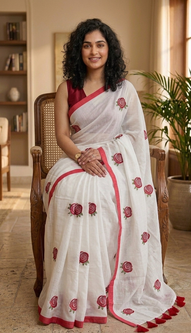 Embroidered Rose mulcotton saree
