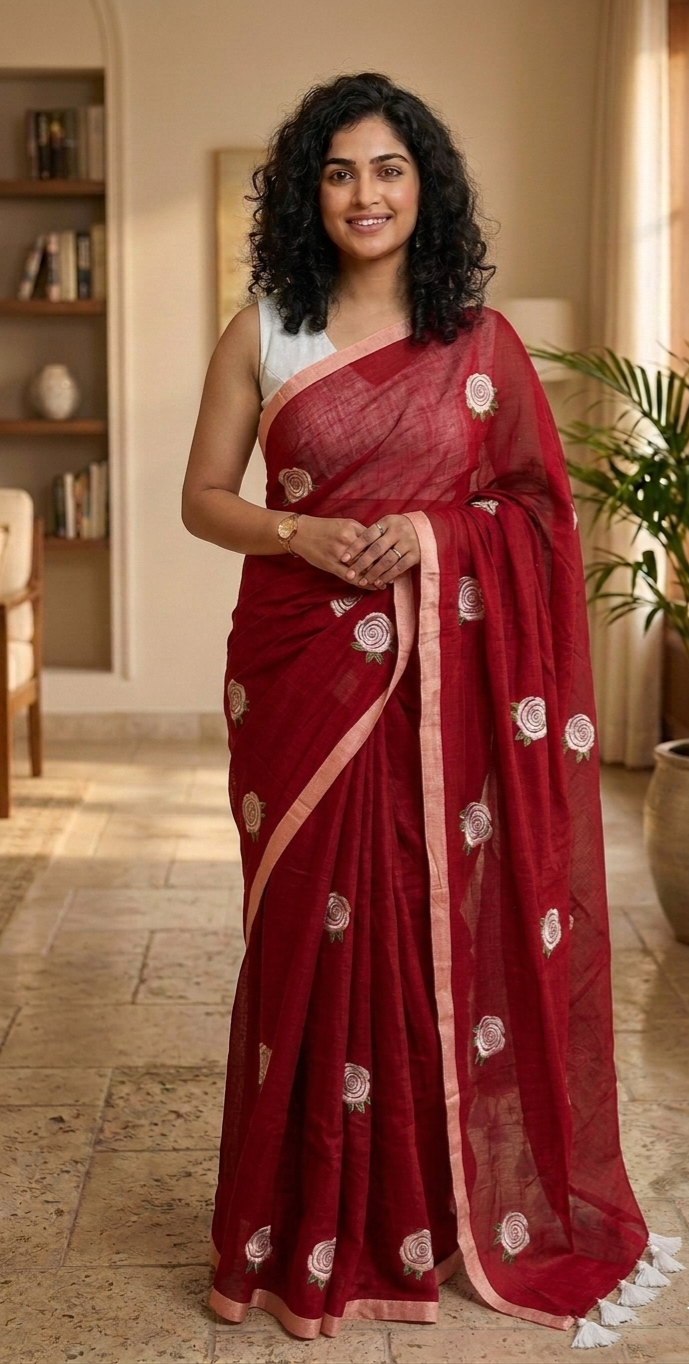 Embroidered Rose mulcotton saree
