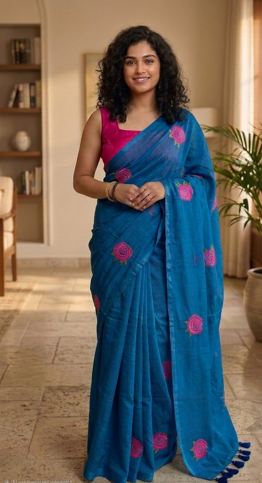 Embroidered Rose mulcotton saree