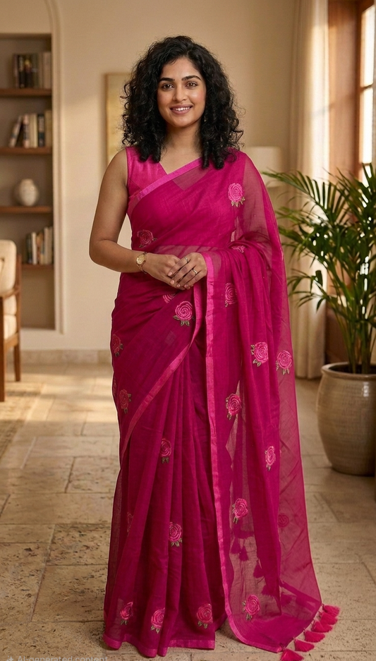 Embroidered Rose mulcotton saree