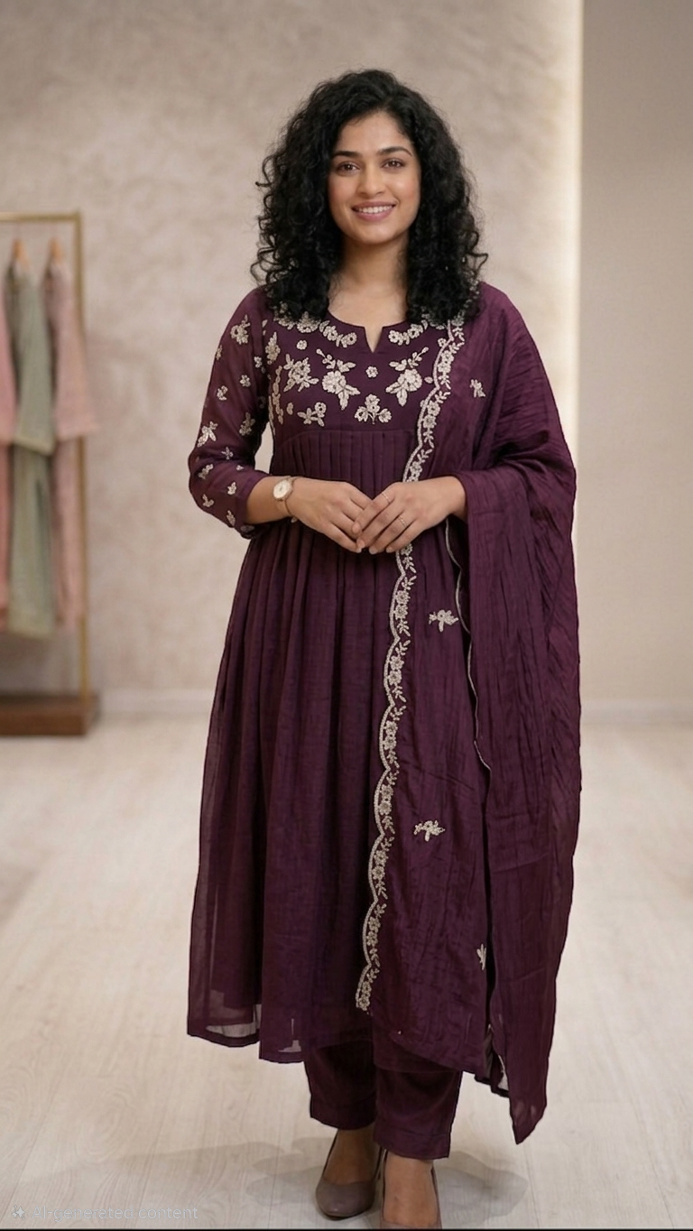 Pure chinnon embroidered three piece suit  💕 (wine)
