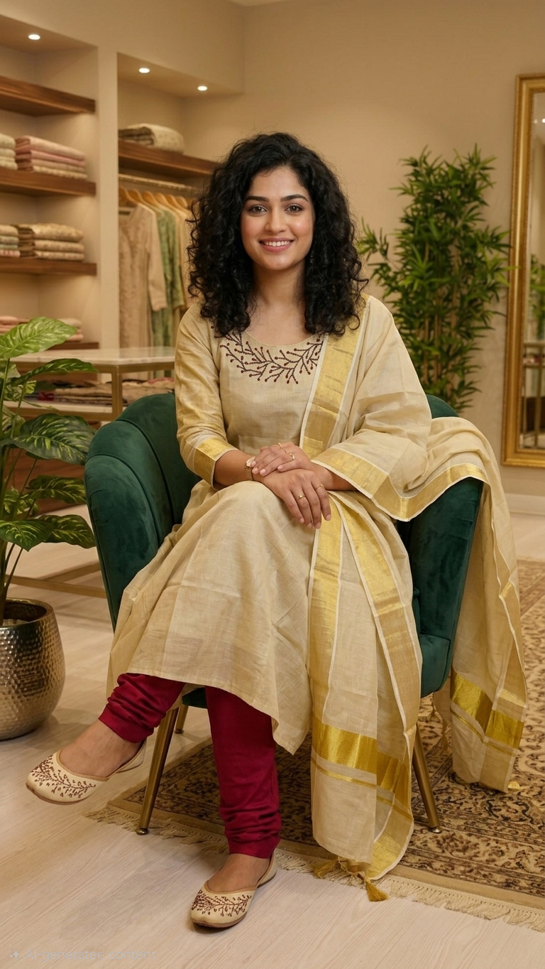 Onam tissue A-line three piece suit ( maroon)
