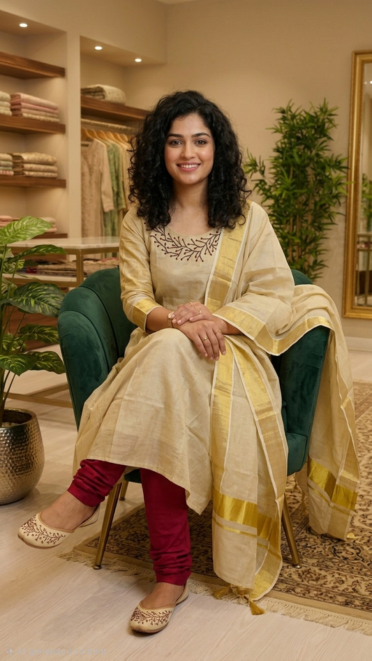 Onam tissue A-line three piece suit ( maroon)